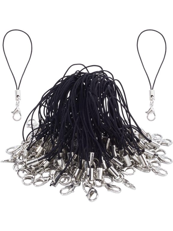 100Pcs 70mm Phone Keychain Strap Tone Split Ring Cords Black Polyester Mobile Cellphone Charms Lanyard String with Sliver Lobster Clasp for Mobile Phone Lariat USB DIY Crafts Decorations