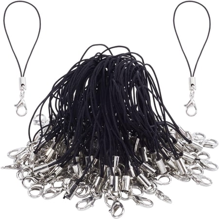 100Pcs 70mm Phone Keychain Strap Tone Split Ring Cords Black Polyester Mobile Cellphone Charms Lanyard String with Sliver Lobster Clasp