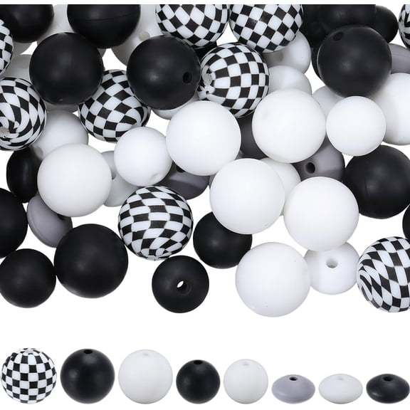 100Pcs 8 Styles Black White Silicone Beads Focal Bead Kit Soft Rubber Round Grid Tartan Print Pattern Abacus Loose Spacers