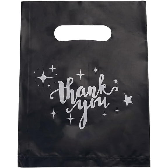 100Pcs 8 x 6 Inch Black Thank You Plastic Bags Party Treat Bags with Handles Rectangle Wrapping Word Goodie Gift Pouches for Thanksgiving Birthday Party Favor Christmas Presents DIY Packaging Black