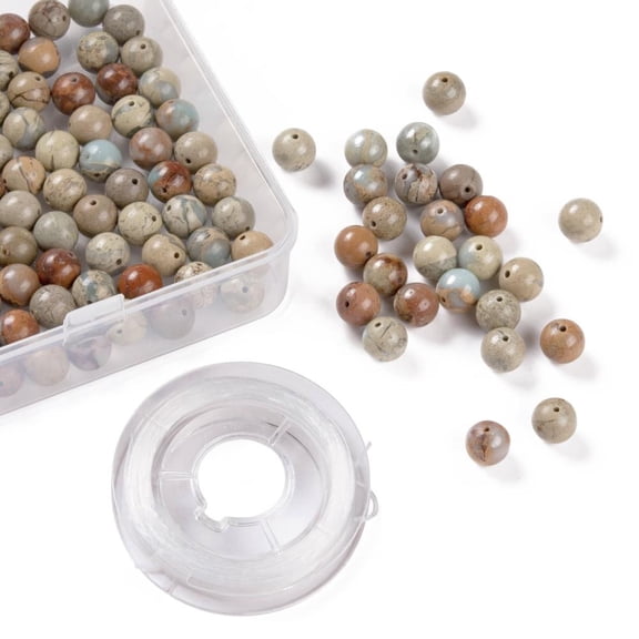 100Pcs 8mm Natural Aqua Terra Jasper Beads Impression Jasper Impression Jasper with 10m Elastic Thread for DIY Stretch Bracelets Making Kits