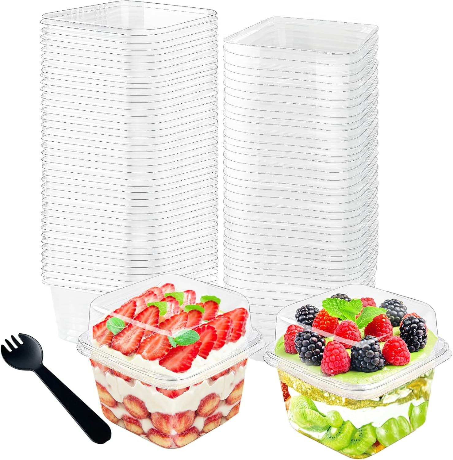 Dessert Cups With Lids 50 Pcs 8oz Reusable Square Plastic And Spoons, Tiramisu Container, Yogurt Parfait Clear Tumbler For Party Catering, Mousse, Fruit, Puddings Jello Shot Cups