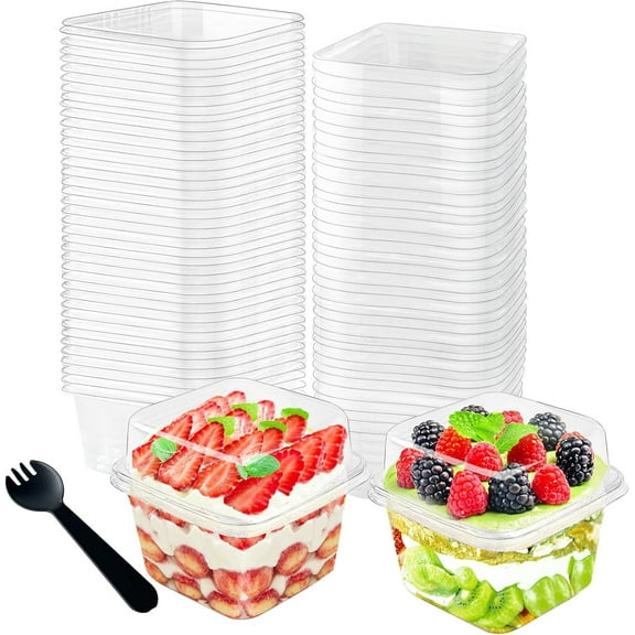 100Pcs 8oz Plastic Dessert Cups with Lids and Spoons,Disposable Parfait Cup Square Cake Containers for Party Favor,Mousse,Yogurt,Pudding,Snacks,Fruits,50 Sets