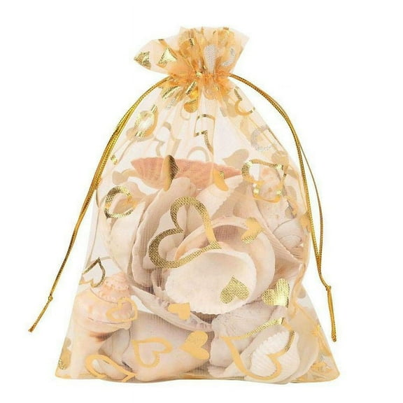 100Pcs 9x12cm Sheer Drawstring Heart Organza Jewelry Gift Bags (Gold)
