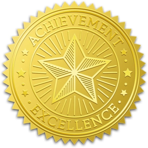 100Pcs Achievement Excellence Gold Foil Stickers 2 Inch Stars Golden Award Embossed Seals Round Self Adhesive Certificate Seal Labels for DIY Diplomas Envelopes Graduation Office Supplies