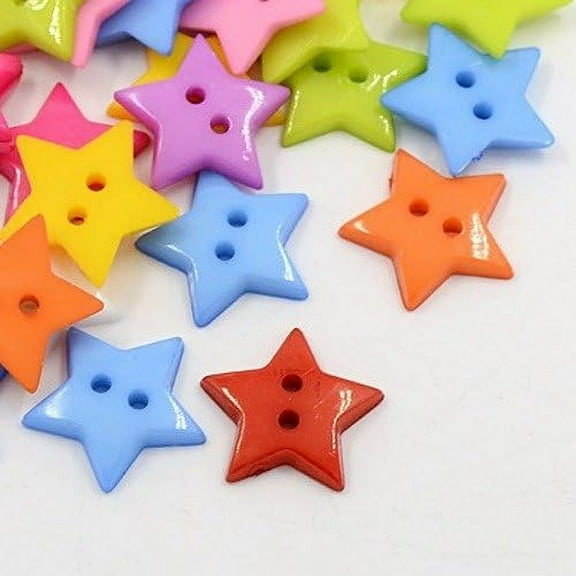 100Pcs Acrylic Sewing Buttons Plastic Buttons 2 Holes Dyed Star Mixed Color 0.63x0.078 Inch