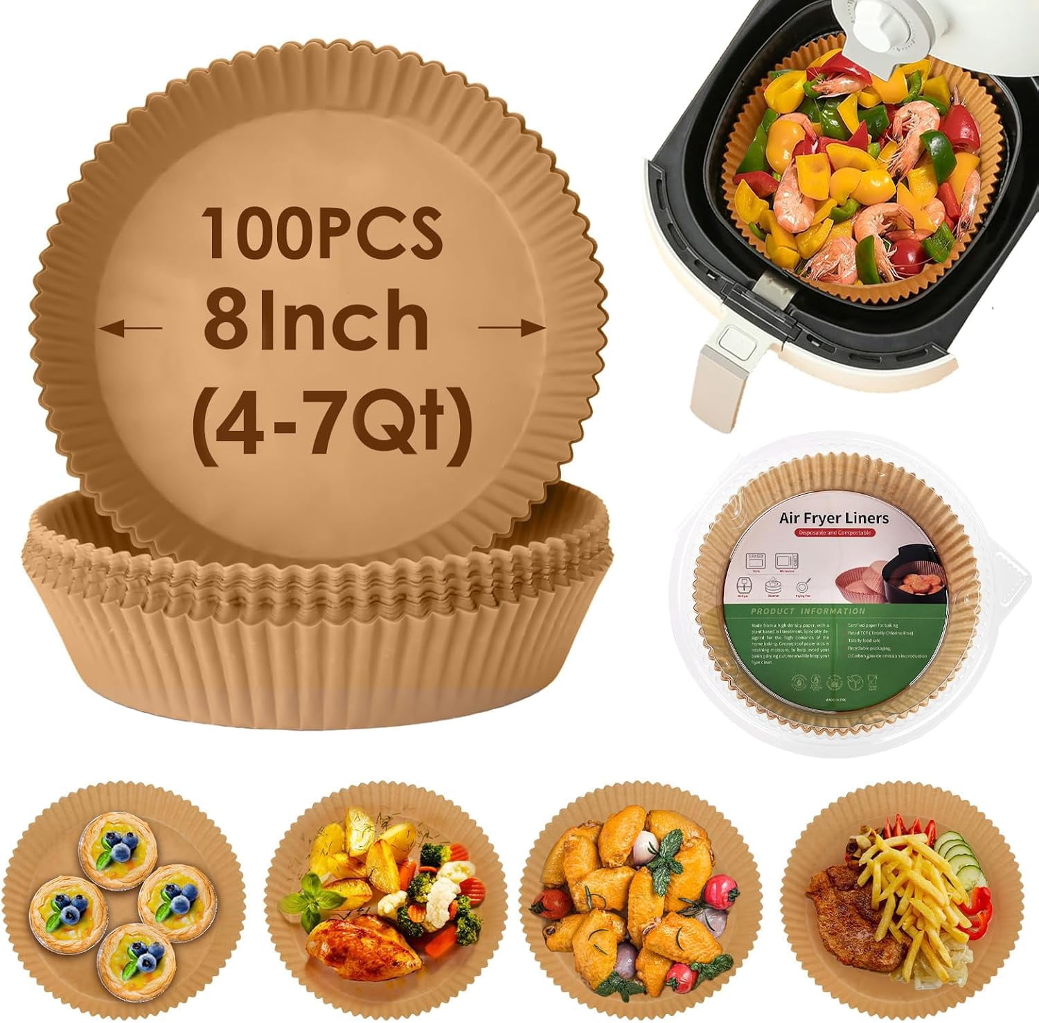100Pcs Air Fryer Disposable Paper Liner, Non-stick Air Fryer Airfryer Parchment Paper Liners Round, Grease Proof Bakery Baking Paper for Air fryer Basket Roasting, Oil-proof, Food Grade (8 Inch)