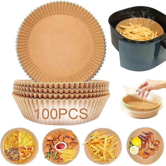 100Pcs Air Fryer Round Paper liners Baking Mat Barbecue Plate Paper, Oil-proof, Water-proof, Food Grade Parchment for Baking Roasting Microwave, Brown