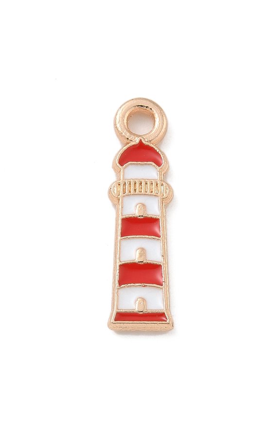 100Pcs Alloy Enamel Lighthouse Pendants Light Gold Lighthouse Charm Red Pendant Ornament