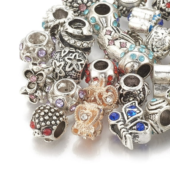 100Pcs Alloy European Beads Large Hole Beads with Rhinestone Mixed Shape Mixed Color 10~16x9~11x6~11mm Hole: 4~5mm