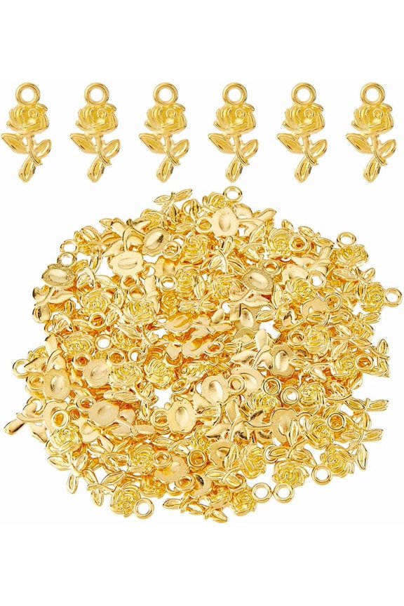 100Pcs Alloy Pendants Rose Charms Golden 21x10.5x2mm Hole: 2.5mm for Handmade