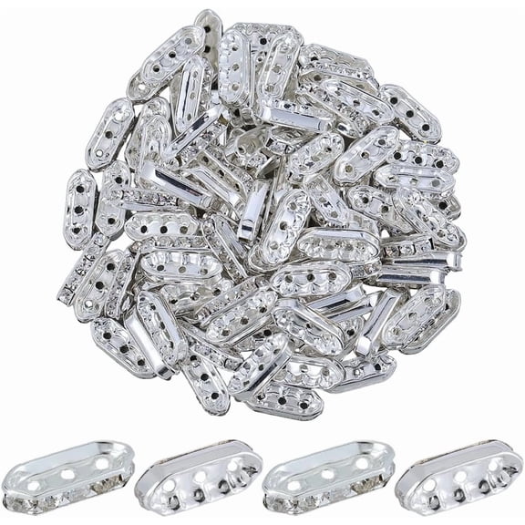 100Pcs Alloy Rhinestone Spacer Bars 3-Hole Oval Silver 17.5x7x3.5mm Hole: 1.4mm 20pcs/bag Craft
