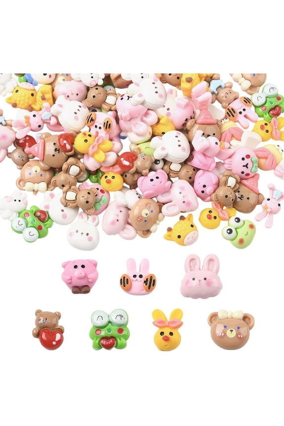 100Pcs Animal Cabochons Flatback Resin Charms Kawaii Colorful Assorted Opaque Cartoon Bear Rabbit 3D Flat Back Embellishments Accessories for Jewelry Nail Hair Clips Phone Cases DIY Crafts for DIY