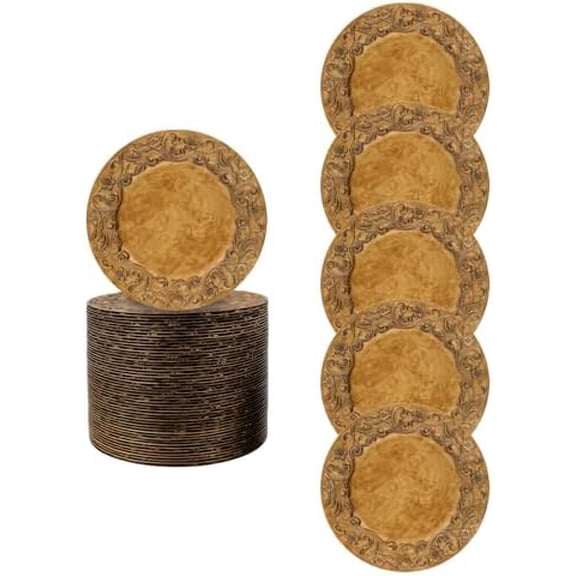 100Pcs Antique Gold Charger Plates Bulk, 13" Round Dinner Chargers, Vintage Embossed Plastic Table Plate Chargers for Wedding Christmas Party Baby Shower Event Decoration (Gold)