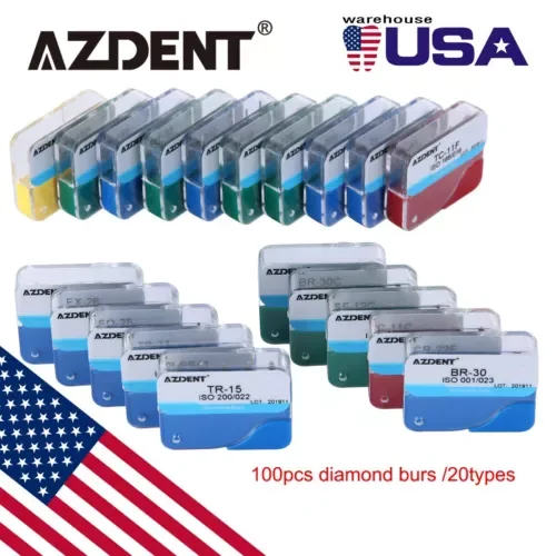 100Pcs Azdent Dental Diamond Burs Kit For High Speed Handpiece Medium Fg 1.6Mm