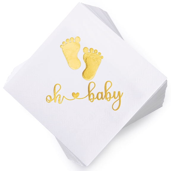 100Pcs Baby Shower Napkins Folded 5x5in Gold Foil Cocktail Paper, "Oh Baby" Printed for Baby Shower Decorations-Foot Gold