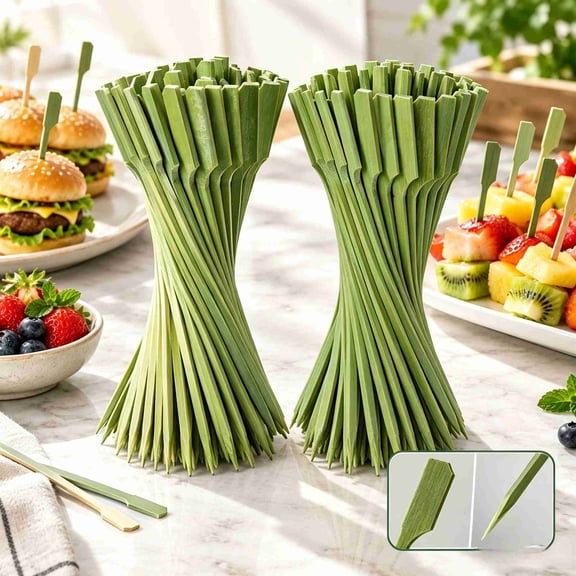 100Pcs Bamboo Skewers for Appetizer, 4.72in Flat Paddle Bamboo Picks, Natural Green & Light Wood Fruit Skewers, Food Grade Cocktail Picks for Party, BBQ, Fruit Platter