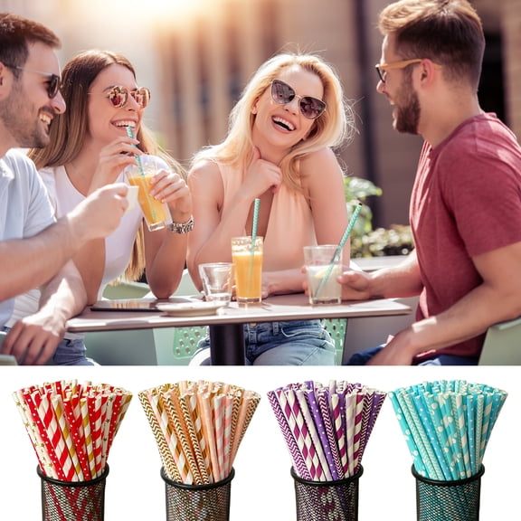 100Pcs Biodegradable Paper Straws Colorful Striped Print Food-Grade Safe Drinking Straws Party Supplies