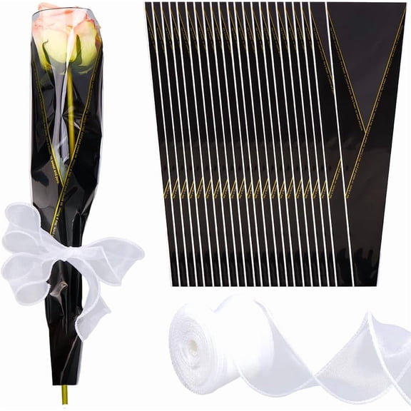 100Pcs Black Single Flower Sleeve Plastic Floral Rose Packaging Carnations Bouquet Sleeves Bag Wrapping Paper with 10 Yards Polyester Mesh Ribbon for Valentine's Day Wedding Birthday Party for DIY