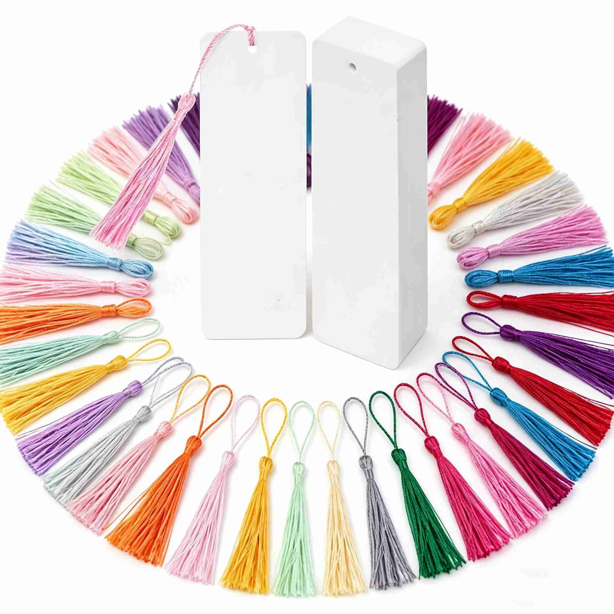 100Pcs Blank Bookmarks to Decorate with 100 Colorful Tassels, 5.9" x 2" DIY Cardstock Bookmarks for DIY Crafts, Holiday Reading, Classroom Projects and Gift Tags