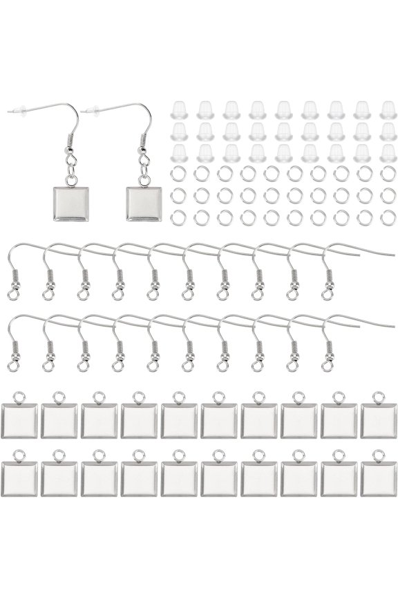 100Pcs Blank Earring Wire Hooks Stainless Steel Square Bezel Trays 100Pcs Open Jump Ring and 100Pcs Plastic Ear Nuts Dangle Earrings Set for DIY Earrings Hole: 2.3mm for DIY