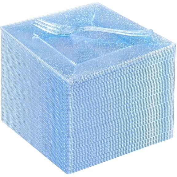 100Pcs Blue Glitter Square Dessert Plates Set, 6 Inch Appetizer Plates with 5.7 Inch Plastic Forks, Disposable Plastic Salad Cake Plates for Wedding Birthday Party