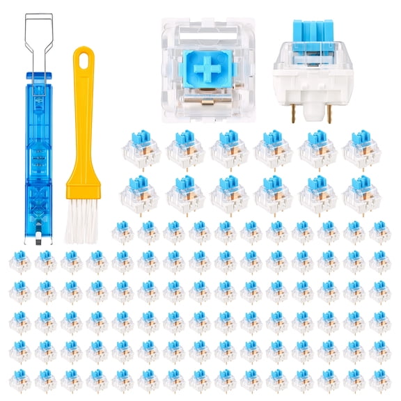 100Pcs Blue Mechanical Keyboard Switch,Replacement Waterproof Dustproof Blue Clicky Key Switch with Tactile Feedback Cleaning Brush and Puller Crisp Clicking Sound for Backlit Keyboard