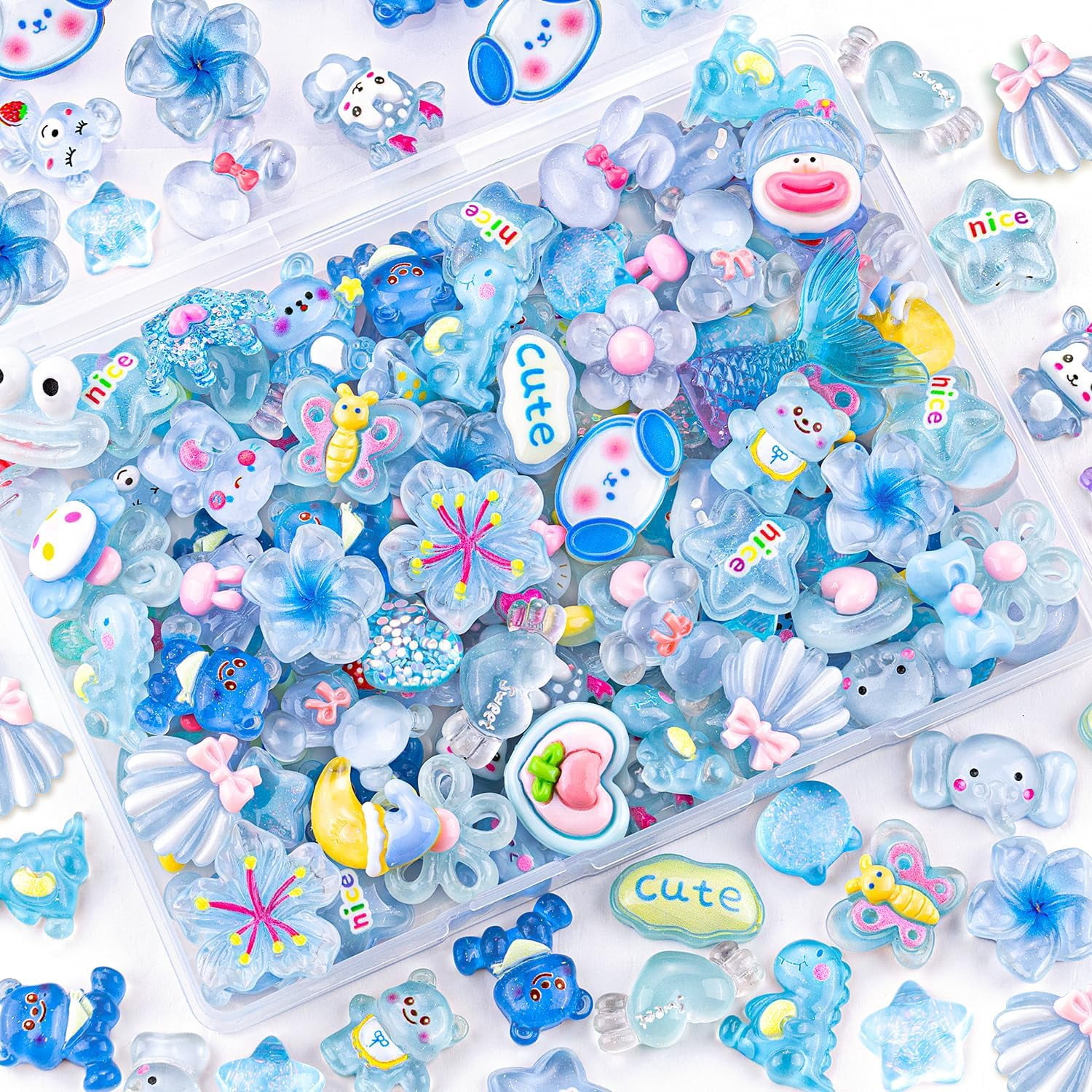 100Pcs Blue Slime Charms Assorted Cute Decoden Embellishments, Kawaii Slime Accessories,Candy Heart Bear Bulk Flatback Jelly Resin Charm for Phone Junk Cases,Scrapbooking Crafting & DIY Decoration