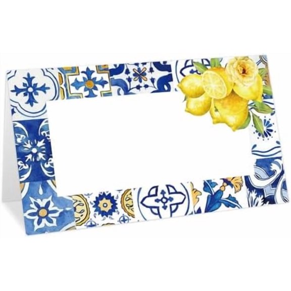 100Pcs Blue Tiles Place Cards 2 x 3.5 Inch Mediterranean Lemon Tented Cards Seating Cards for Spring Summer Wedding Bridal Shower Table Setting$$Home Decor, Kitchen, & Other