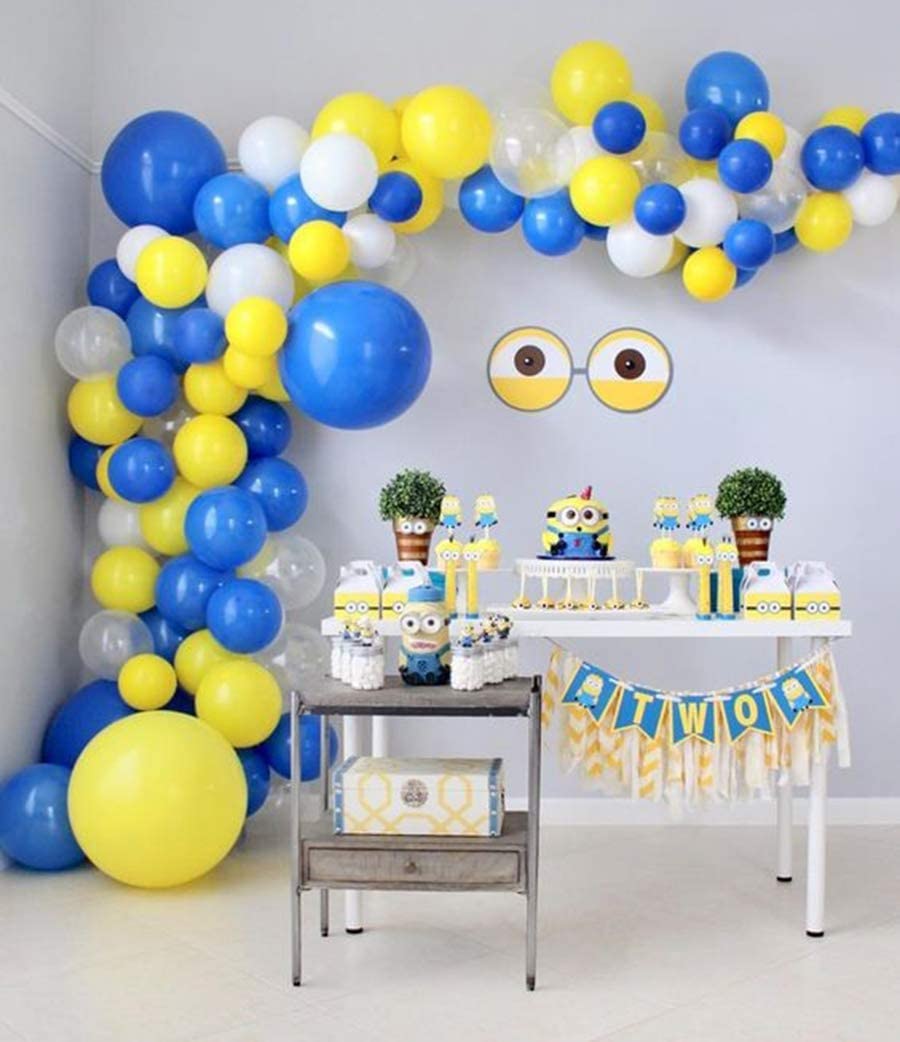 100 Pcs Minions Party Balloons - Blue, Yellow & White Latex Balloons With Ribbon For Despicable Me Birthday, Baby Shower Decor