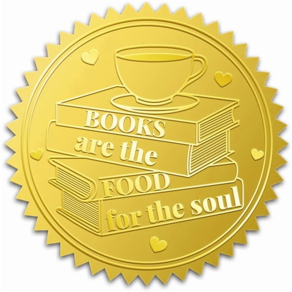 100Pcs Books Coffee Gold Foil Stickers 2 Inch Books Gold Embossed Envelopes Seals Book Knowledge Self Adhesive Embossed Seal Labels for Library Reading Room Cafe Greeting Card Envelopes Golden