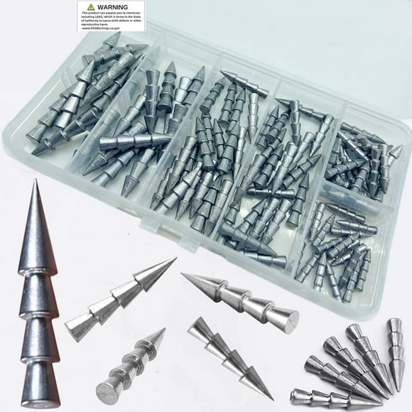 100Pcs/Box Nail Weights Sinkers(1/6oz,1/8oz,1/14oz,1/20oz,1/25oz,1/50oz) 6 Sizes MixedInsert Sinkers Lead Fishing Weights for Tackle Worm Soft Plastic Lures