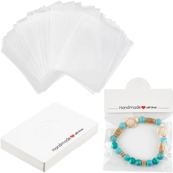 100Pcs Bracelet Display Cards 2.36x3.15 Inch Jewelry Packaging Card with 3.93x3.15 Inch Package Bags White Cardboard Foldable Hanging Card for Selling Showing Bracelets Earrings Bracelet DIY