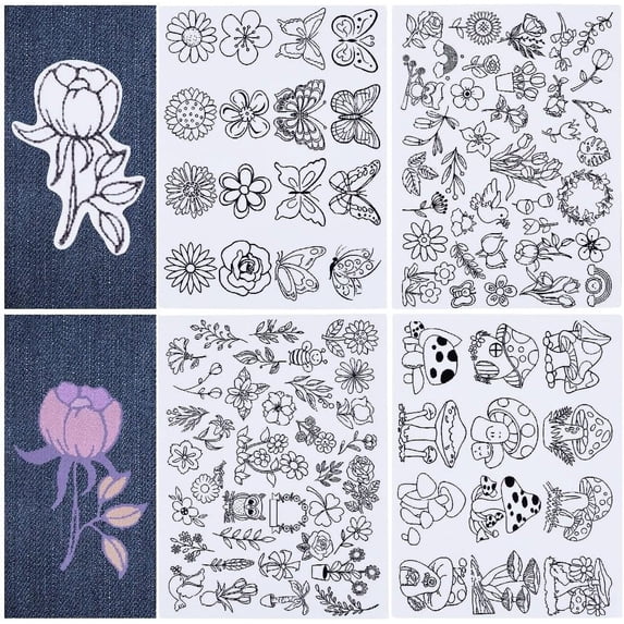 100Pcs Butterflies Mushroom Flower Water Soluble Embroidery Patterns Stabilizers Hand Sewing Stick and Stitch Transfers Fabric Wash Away Pre-Printed Self Adhesive