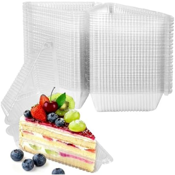 100Pcs Cake Slice Containers,Pie Slice Containers for 6-8 Diameter Cake or Pie Slices,Individual Cheesecake Containers,Plastic Boxes for Take Out Packaging, Bakery and Cafe Cake Carriers
