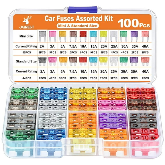 100Pcs Car Fuse Assortment Kit, 56 Mini Blade Fuses Automotive + 44 Standard Auto Fuses + 1 Fuse Puller – for Car/RV/Truck/Motorcycle/Boat (2Amp 3A 5A 7.5A 10A 15A 20A 25A 30A 35A 40A)