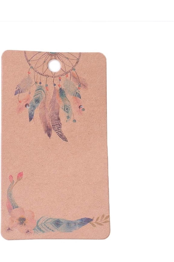100Pcs Cardboard Earring Display Card Brown Feather Pattern Paper Jewelry Hanging Cards with Woven Net Necklace Set Card 3.54x1.97 Inch Jewellery Packaging Selling Card DIY