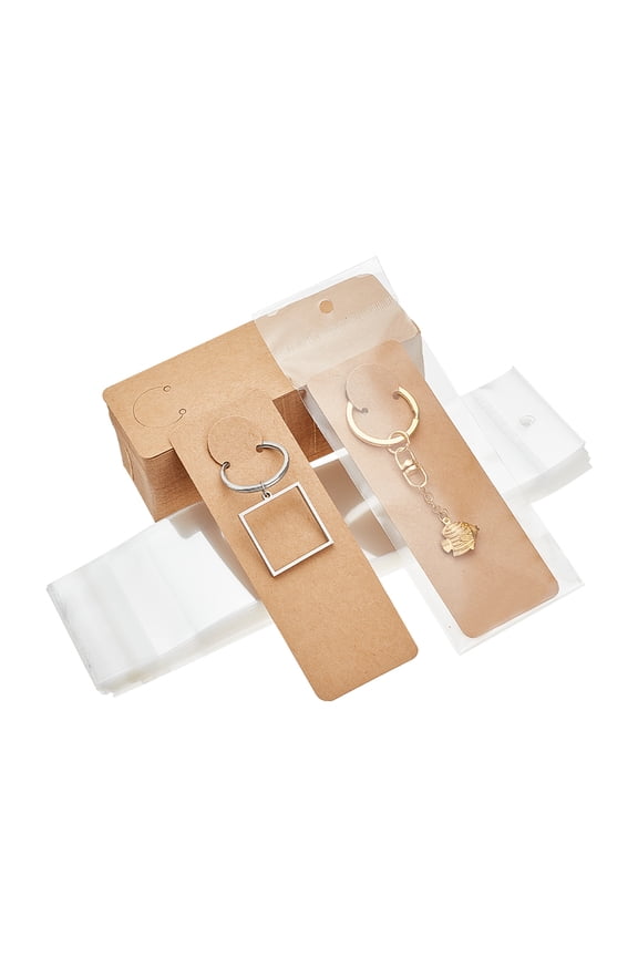 100Pcs Cardboard Jewelry Display Cards for Keychain with 100Pcs Rectangle OPP Cellophane Bags Jewelry Hang Tags Rectangle BurlyWood for DIY
