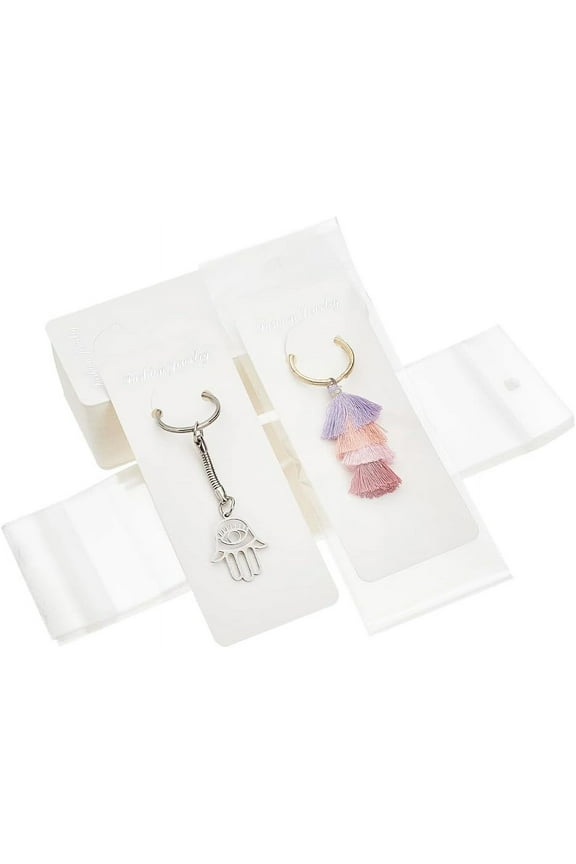 100Pcs Cardboard Jewelry Display Cards for Keychain with 100Pcs Rectangle OPP Cellophane Bags Jewelry Hang TagsCard: 13x4.5x0.04cm Hole: 2.5mm