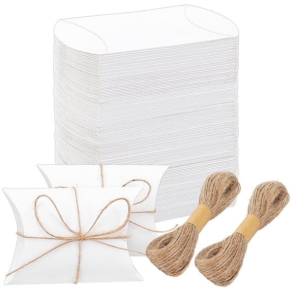 100Pcs Cardboard Paper Candy Pillow Gift Boxes with 2 Bundles Jute Twine and 1Pc Kraft Paper Folding Mailer Boxes White 6.5x7x2.5cm for making