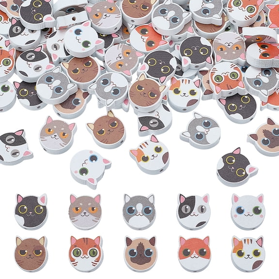 100Pcs Cat Wood Beads 10 Style Cute Pet Kitten Animal Wooden Beads with Printed Face Pattern Cat Shape Flat Loose Spacer Beads