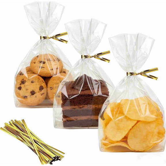 100Pcs Cellophane Treat Bags, 3" x 5" Clear Cellophane Bags with Gold Twist Ties, Plastic Goodie Bags for Cookies Popcorn Candy Bakery Party Favors Gift Wrapping