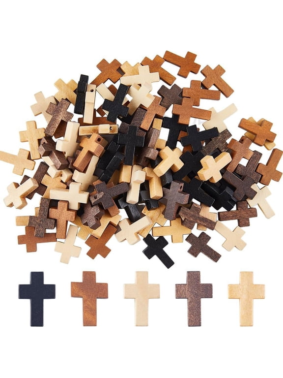 100Pcs Charms Bulk Wood Beads Natural Wooden Bead Charm Mini Small Black White Pocket Crosses Rosary Crucifix Easter Holiday Pendants for Jewelry Making DIY Supplies Multi-color
