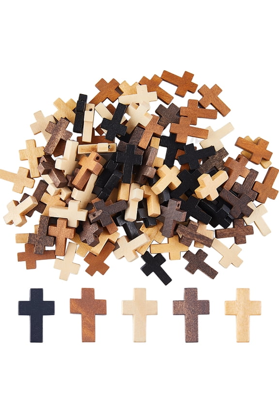 100Pcs Charms Bulk Wood Beads Natural Wooden Bead Charm Mini Small Black White Pocket Crosses Rosary Crucifix Easter Holiday Pendants