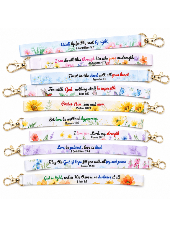 100Pcs Christian Bible Verse Keychain Lanyards, 10 Inspirational Scripture Designs with Floral Cross Pattern, Bulk Religious Gifts for Church Events, Baptism, Communion