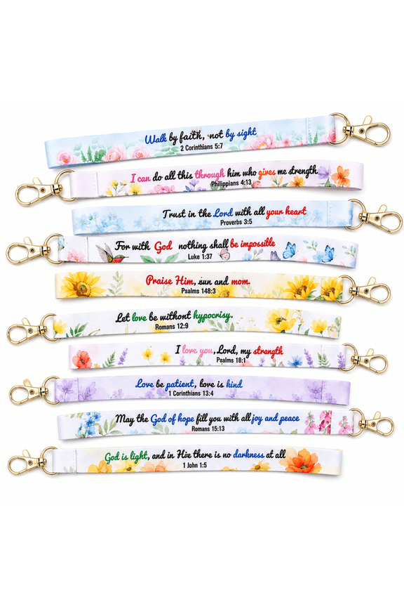 100Pcs Christian Bible Verse Keychain Lanyards, 10 Inspirational Scripture Designs with Floral Cross Pattern, Bulk Religious Gifts for Church Events, Baptism, Communion