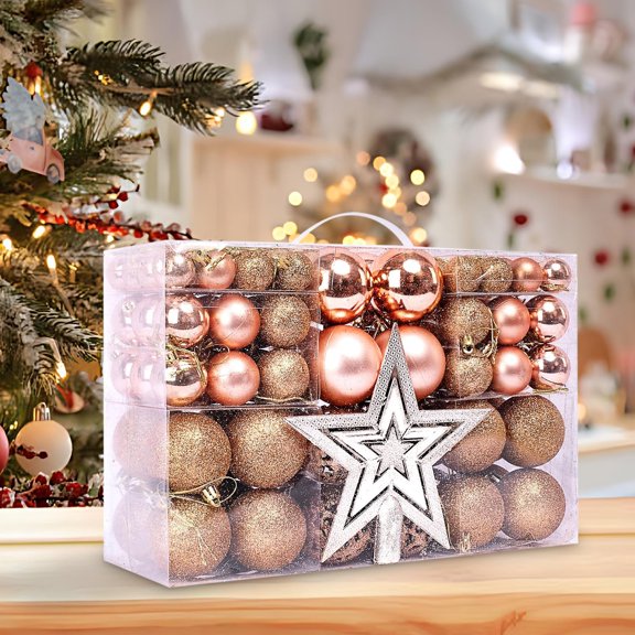 100Pcs Christmas Ball Ornaments with Tree Top Star Set, Shatterproof Hollowed-Out Plastic Hanging Decor, Festive Baubles for Xmas Tree & Holiday Decoration