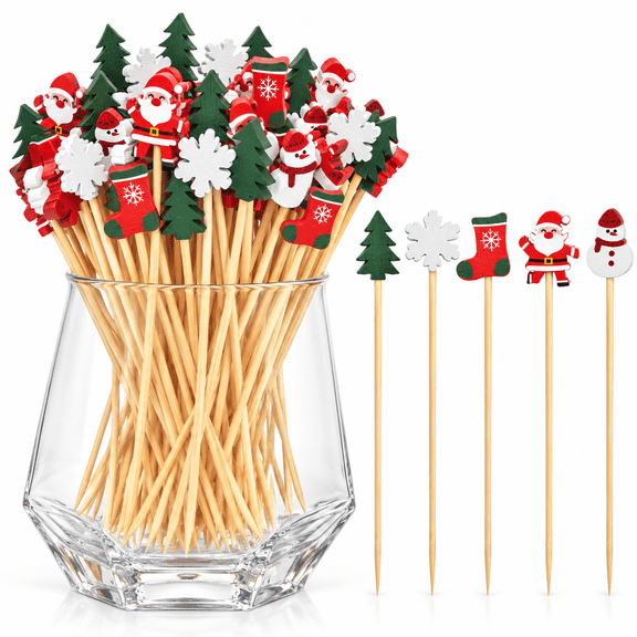 100Pcs Christmas Cocktail Picks,Christmas Tree Snowflake Snowman Santa Claus Reindeer Cocktail Picks Party Toothpicks for Appetizers Cocktail Decorations for Christmas Party Supplies
