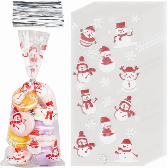 100Pcs Christmas Snowman Printed OPP Cellophane Candy Packaging Bags Rectangle with Twist Wire Ties Red 27.4x12.4x0.01cm handmade