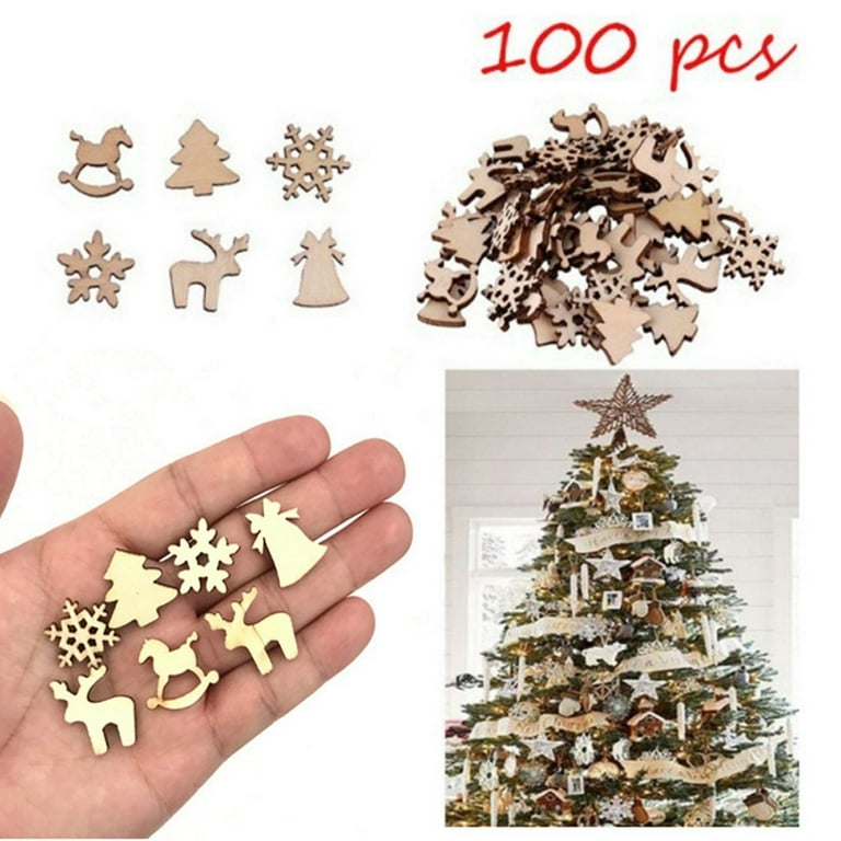 100Pcs Christmas Wooden Tree Ornaments Mini Snowflake Hanging Pendants Decor  